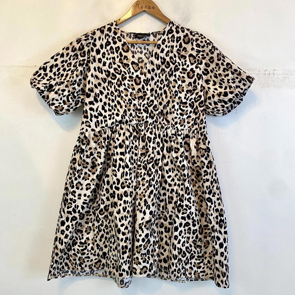 VANESSA ZANI leopard print puff sleeve cotton mini dress sz L